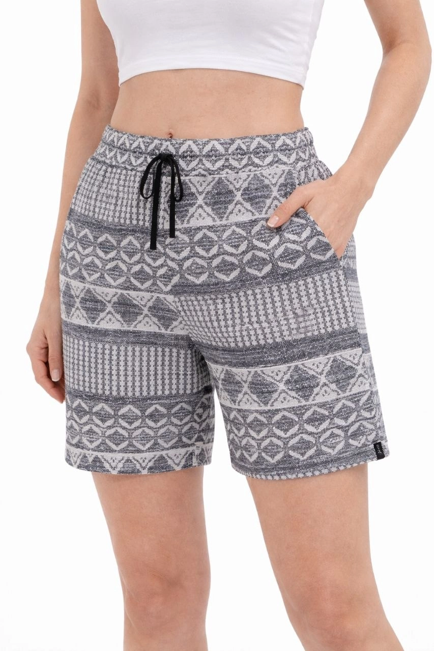 Kadın Etnik Desenli Dokuma Şort Lastikli Bel Bağcıklı Cepli Yazlık - Gri