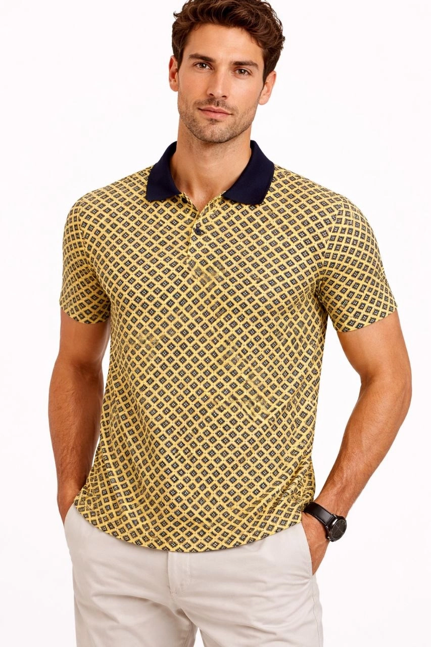 Erkek Pike Kumaş Polo Yaka Desenli Tişört Kısa Kol Yazlık T-Shirt - Sarı