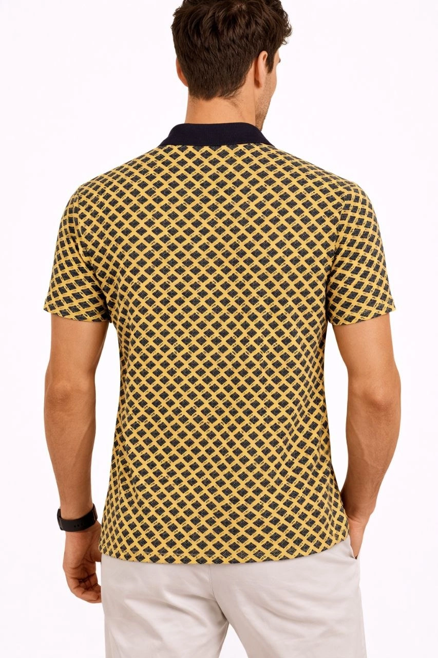 Erkek Pike Kumaş Polo Yaka Desenli Tişört Kısa Kol Yazlık T-Shirt - Sarı