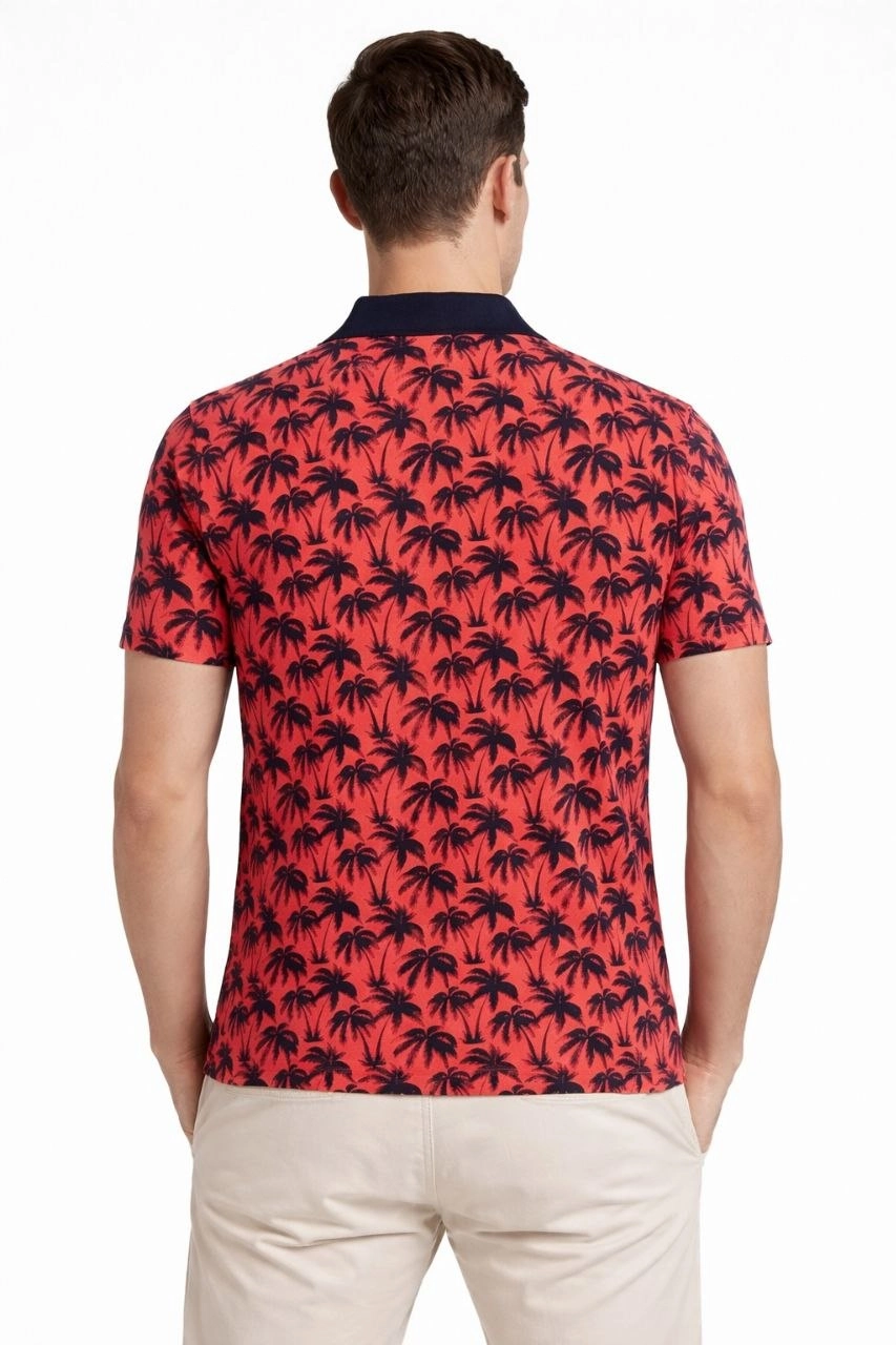 Erkek Pike Kumaş Polo Yaka Palmiye Desenli Tişört Kısa Kol Yazlık T-Shirt - Kırmızı