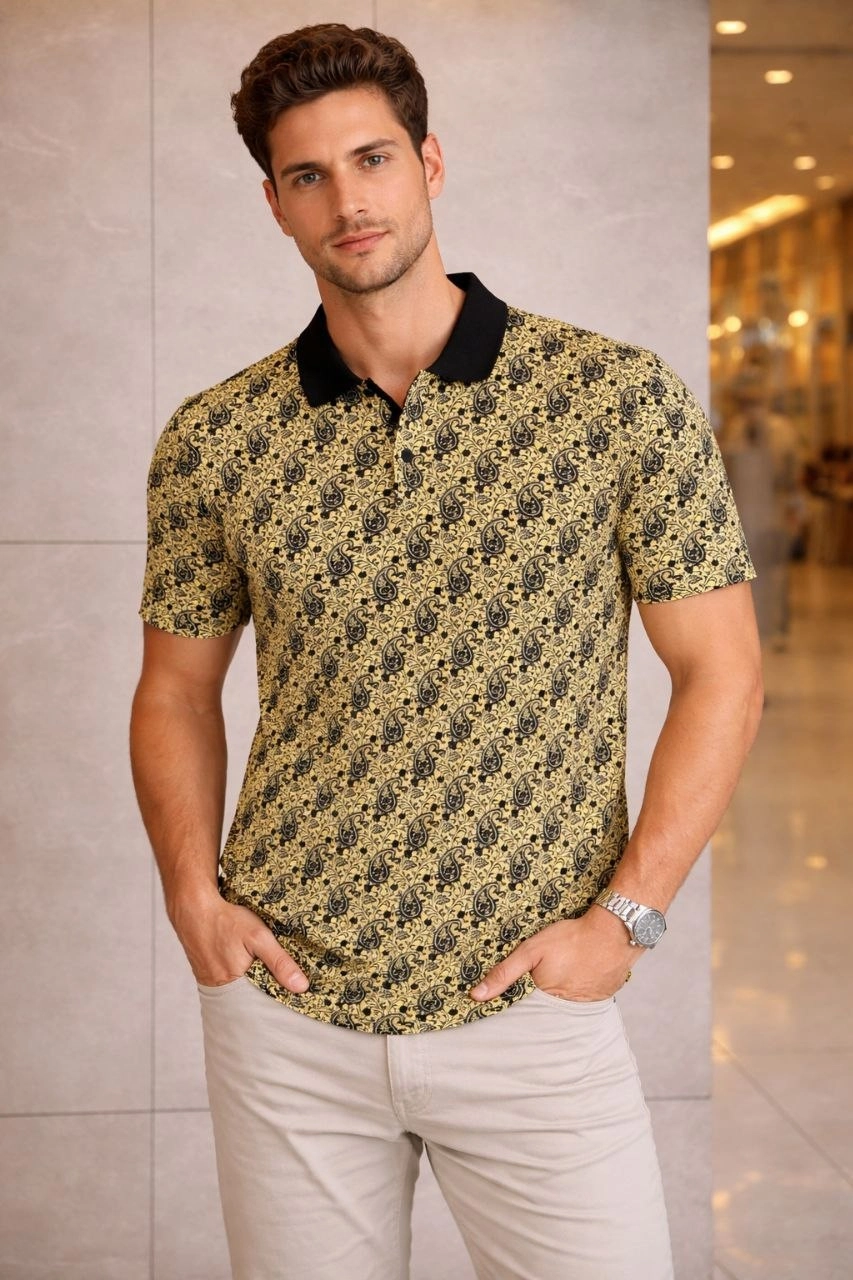 Erkek Pike Kumaş Polo Yaka Palmiye Desenli Tişört Kısa Kol Yazlık T-Shirt - Sarı