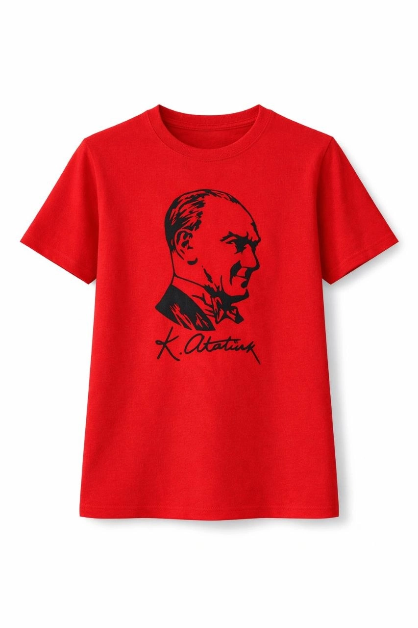 Kız Çocuk Atatürk Baskılı Tişört Kısa Kollu Bisiklet Yaka T-Shirt - Kırmızı