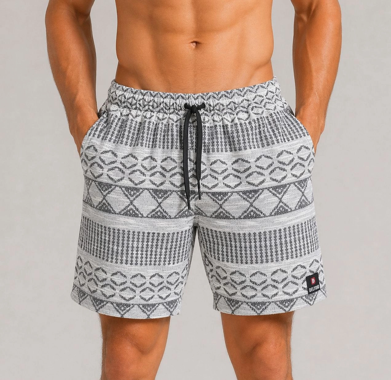 Erkek Dokuma Etnik Desenli Şort Lastikli Bel Bağcıklı Cepli Yazlık Rahat - Gri