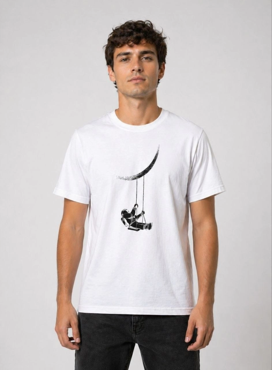 Erkek Astronot Ay Temalı Tişört Kısa Kol Yazlık Bisiklet Yaka T-Shirt - Beyaz