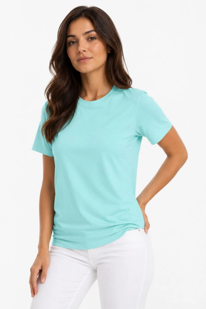 Kadın T-Shirt Bisiklet Yaka Slim Fit Likralı Tişört Günlük Basic Body - Turkuaz görsel 1