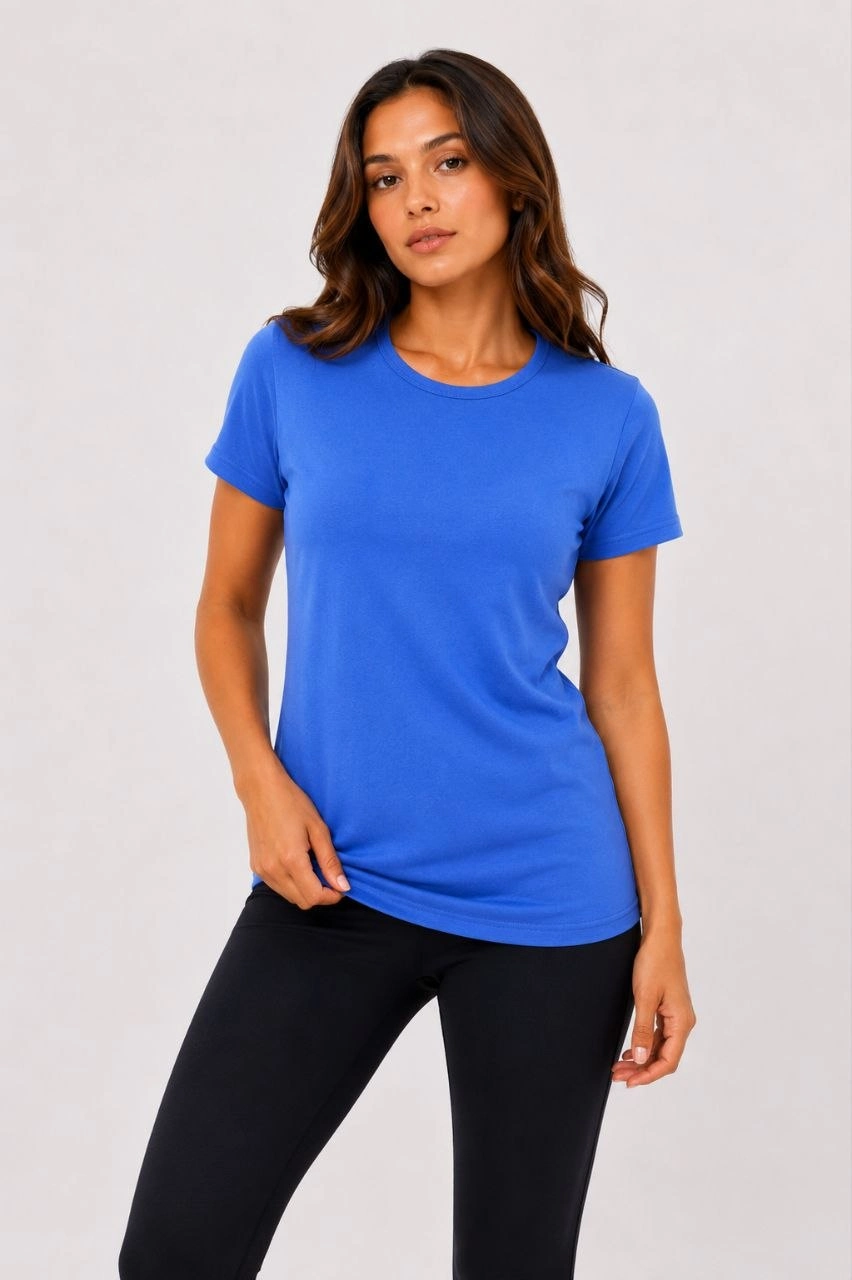 Kadın Basic Tişört Bisiklet Yaka Kısa Kol Günlük Yazlık Slim fit T-Shirt - Mavi görsel 1