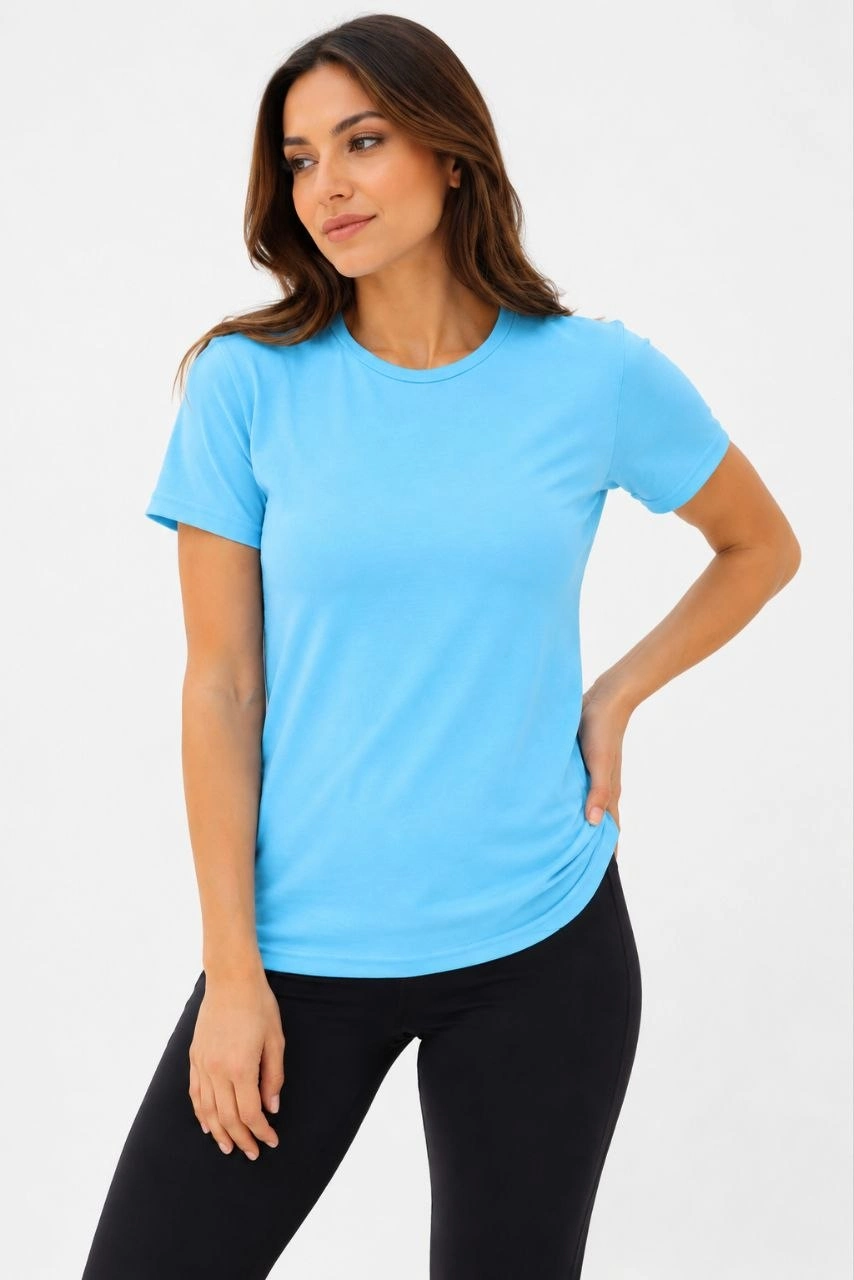 Kadın Basic Tişört Bisiklet Yaka Kısa Kol Günlük Yazlık Slim fit T-Shirt - Turkuaz görsel 1
