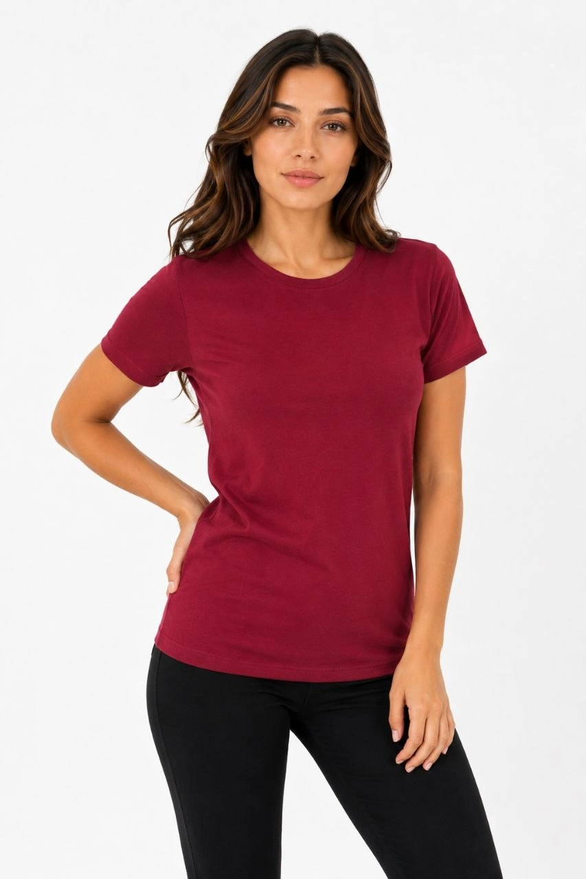 Kadın Basic Tişört Bisiklet Yaka Kısa Kol Günlük Yazlık Slim fit T-Shirt - Bordo görsel 1