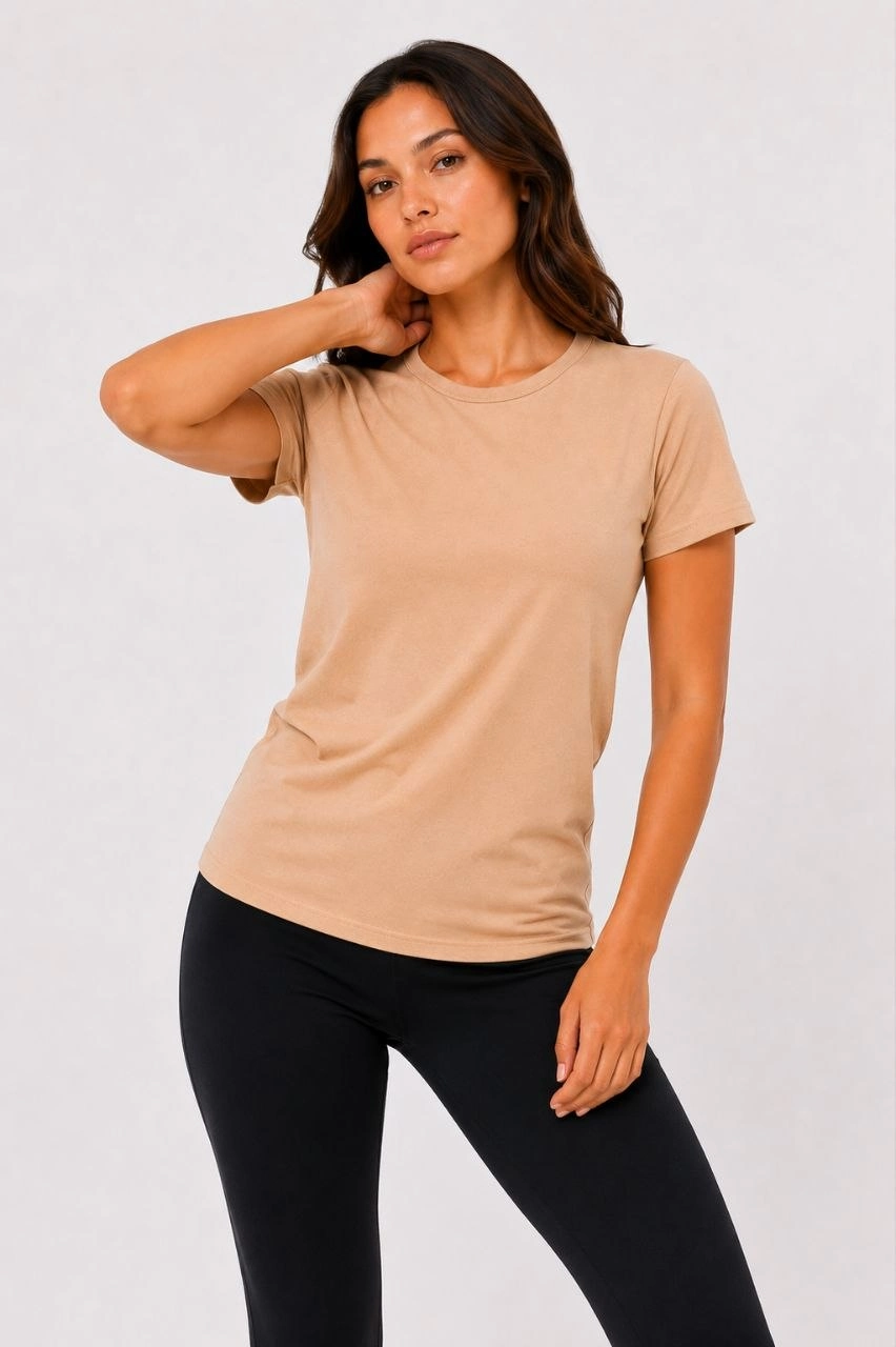 Kadın Basic Tişört Bisiklet Yaka Kısa Kol Günlük Yazlık Slim fit T-Shirt - Bej görsel 1