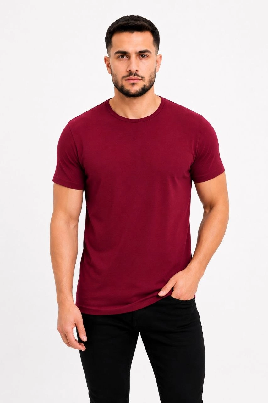 Erkek Basic Tişört Bisiklet Yaka Kısa Kol Günlük Yazlık Slim fit T-Shirt - Bordo görsel 1