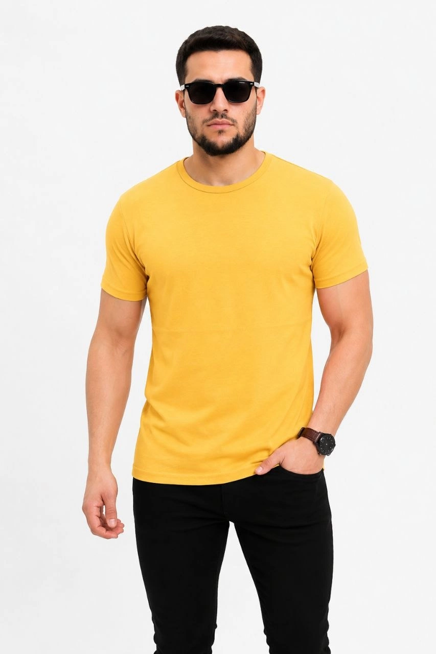 Erkek Basic Tişört Bisiklet Yaka Kısa Kol Günlük Yazlık Slim fit T-Shirt - Sarı görsel 1