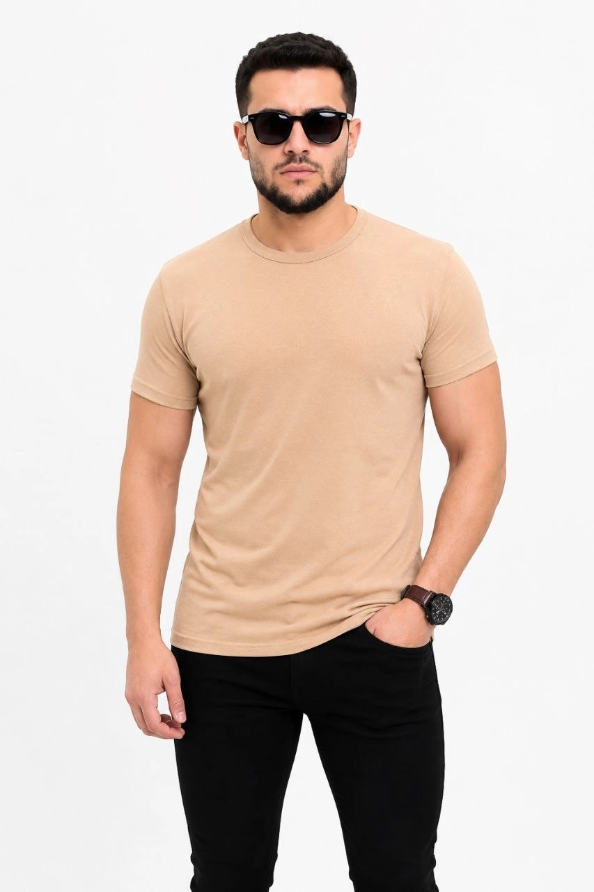 Erkek Basic Tişört Bisiklet Yaka Kısa Kol Günlük Yazlık Slim fit T-Shirt - Bej görsel 1