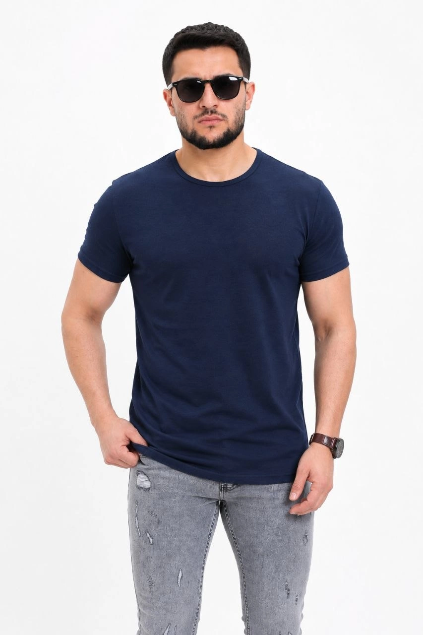 Erkek Basic Tişört Bisiklet Yaka Kısa Kol Günlük Yazlık Slim fit T-Shirt - Lacivert görsel 1