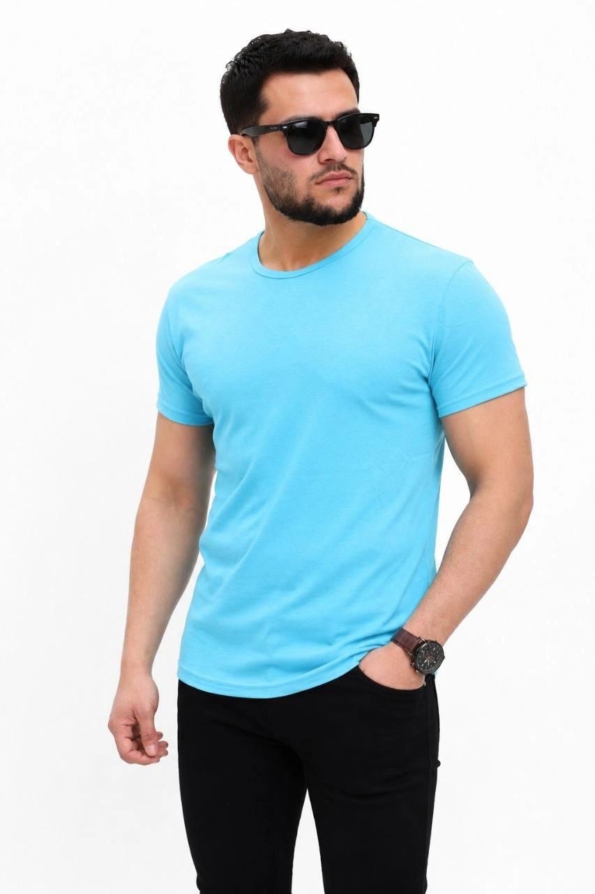 Erkek Basic Tişört Bisiklet Yaka Kısa Kol Günlük Yazlık Slim fit T-Shirt - Açık Mavi görsel 1