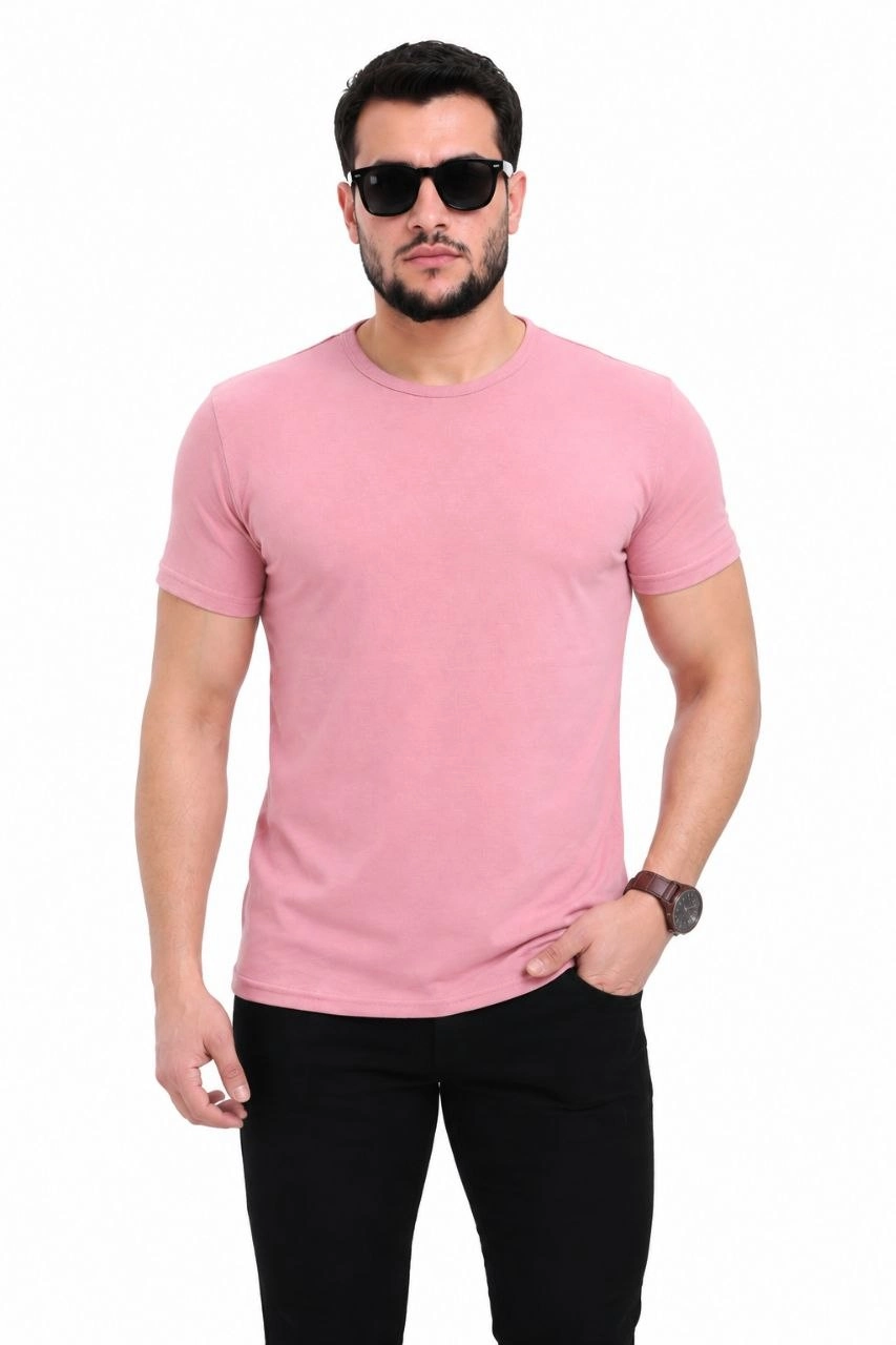 Erkek Basic Tişört Bisiklet Yaka Kısa Kol Günlük Yazlık Slim fit T-Shirt - Pembe görsel 1