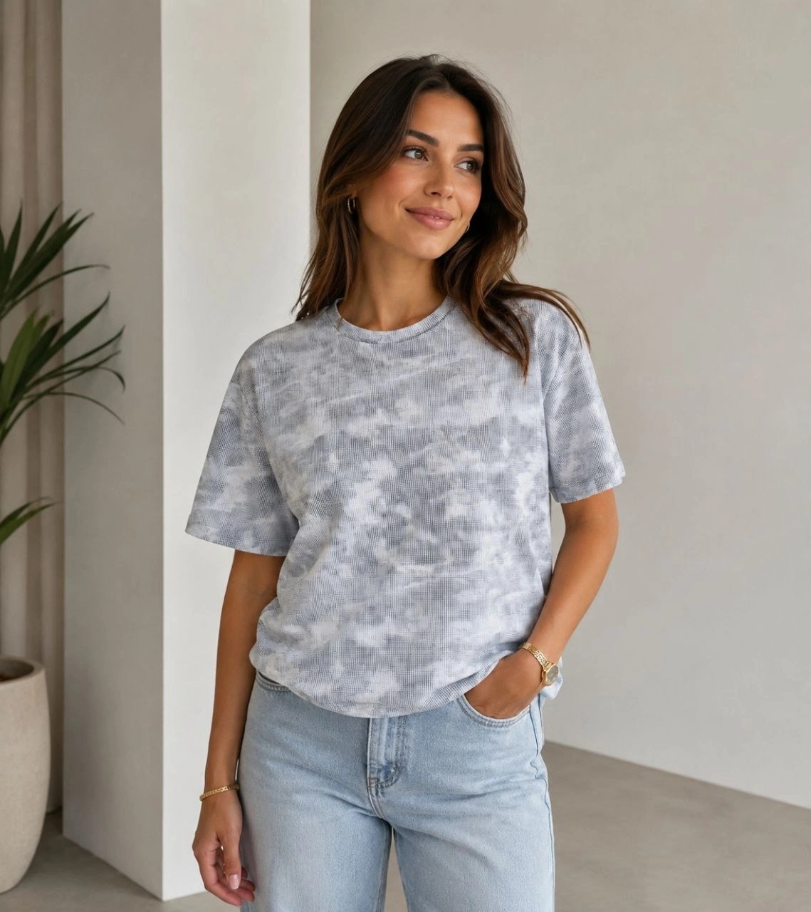 Kadın Batik Desenli Tişört Bisiklet Yaka Kısa Kol Regular Fit T-shirt - Gri görsel 1