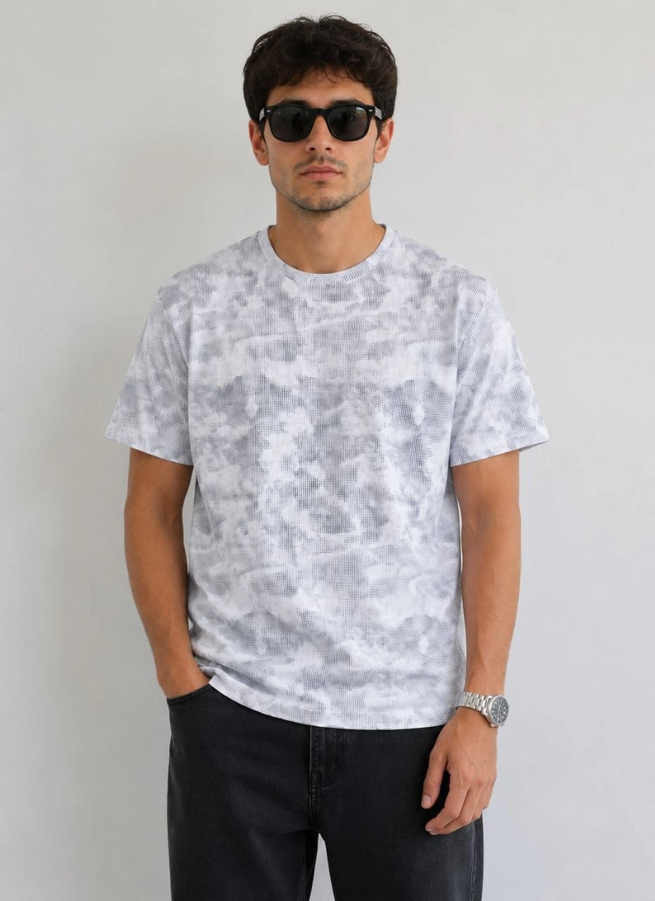 Erkek Batik Desenli Tişört Bisiklet Yaka Kısa Kol Regular Fit T-shirt - Gri görsel 1