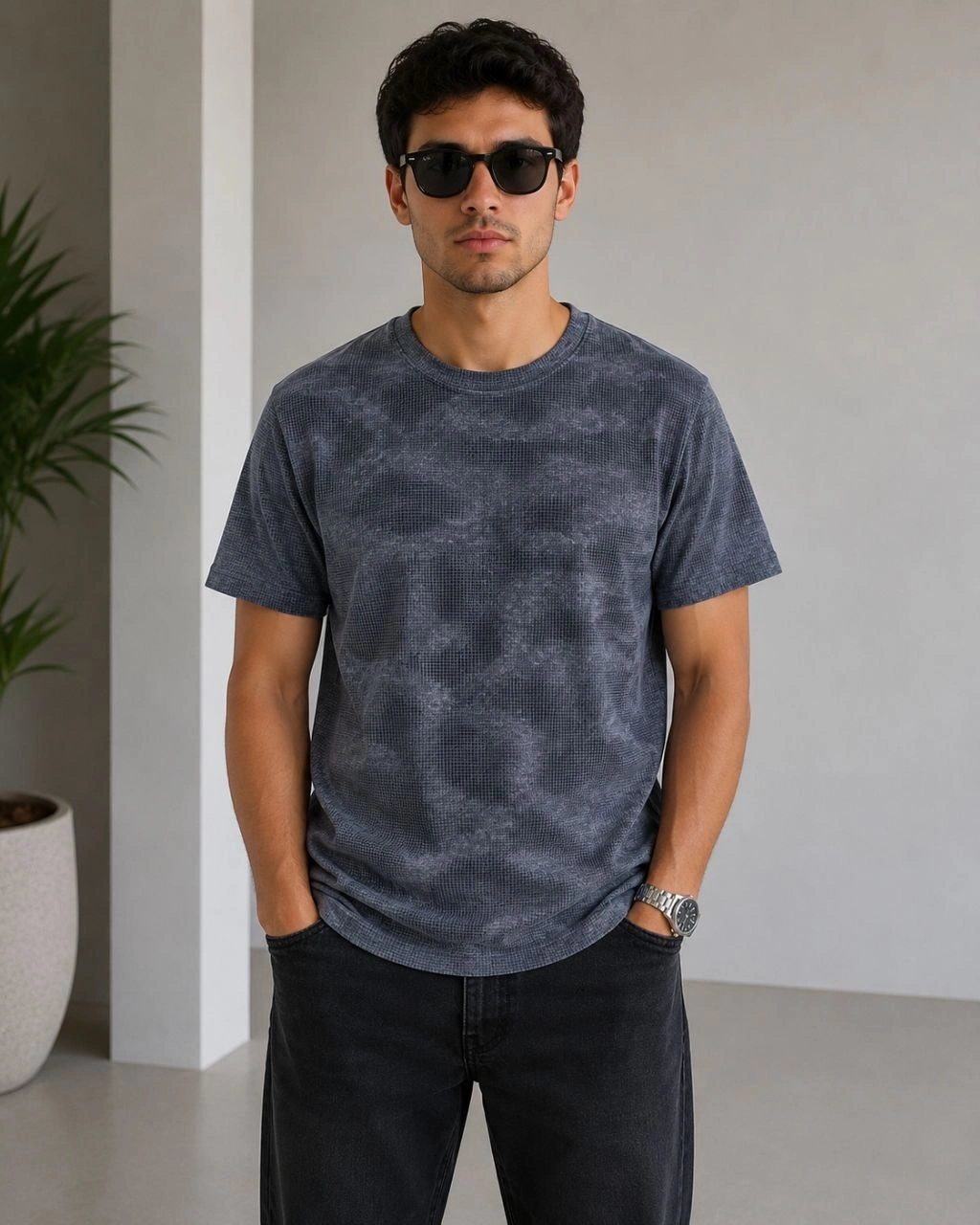 Erkek Batik Desenli Tişört Bisiklet Yaka Kısa Kol Regular Fit T-shirt - Füme görsel 1