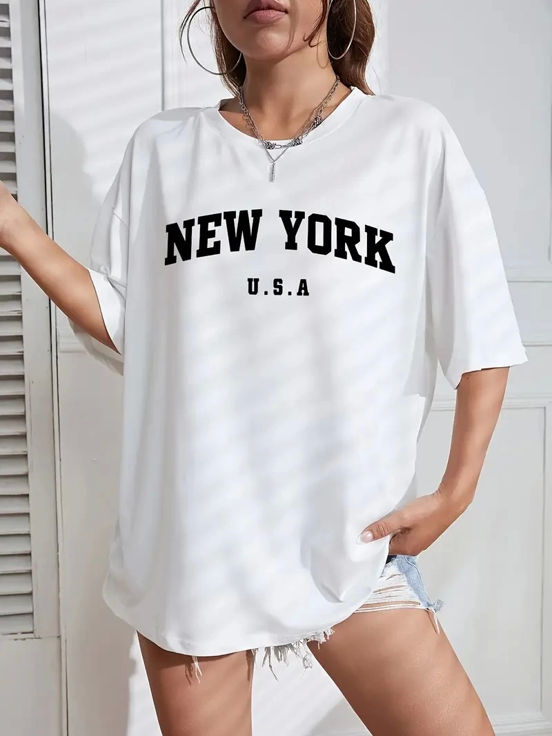 20/1 Penye CompackNew York Printed Oversize Short Sleeve Bicycle Collar T-shirt - White