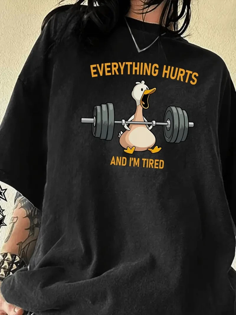 Duck Printed and Round Collar Female Daily Large Size Black T-shirt. - Black