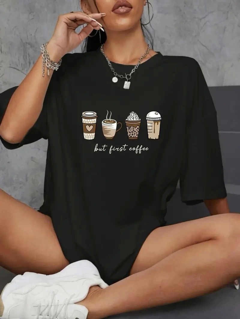 20/1 Penye Compack Printed Oversize Coffee Patterned Women Short Sleeve Summer T-shirt - Black