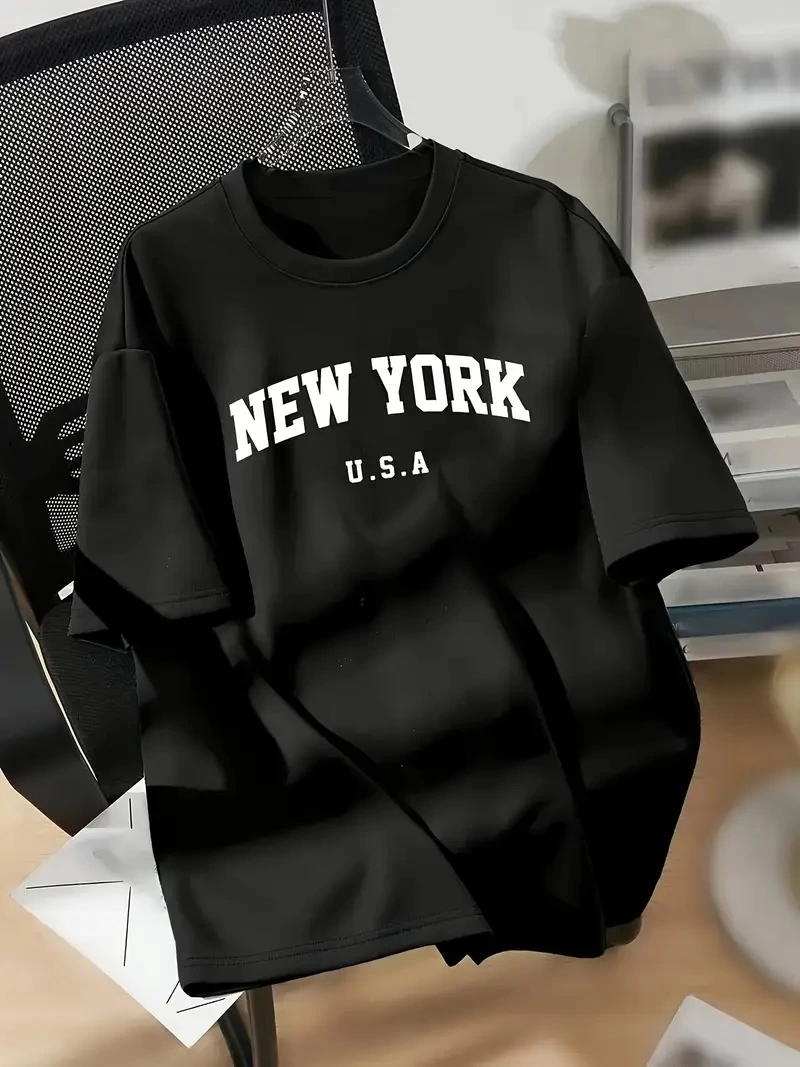 20/1 Penye Compack New York Printed Oversize Short Sleeve Bicycle Collar T-shirt - Black