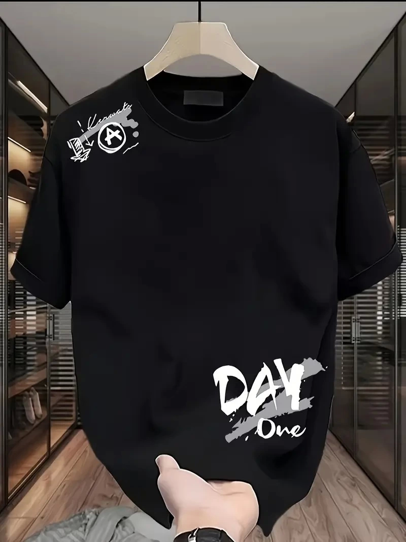 20/1 Penye Compack Day One Printed Oversize Bicycle Collar T-shirt - Black