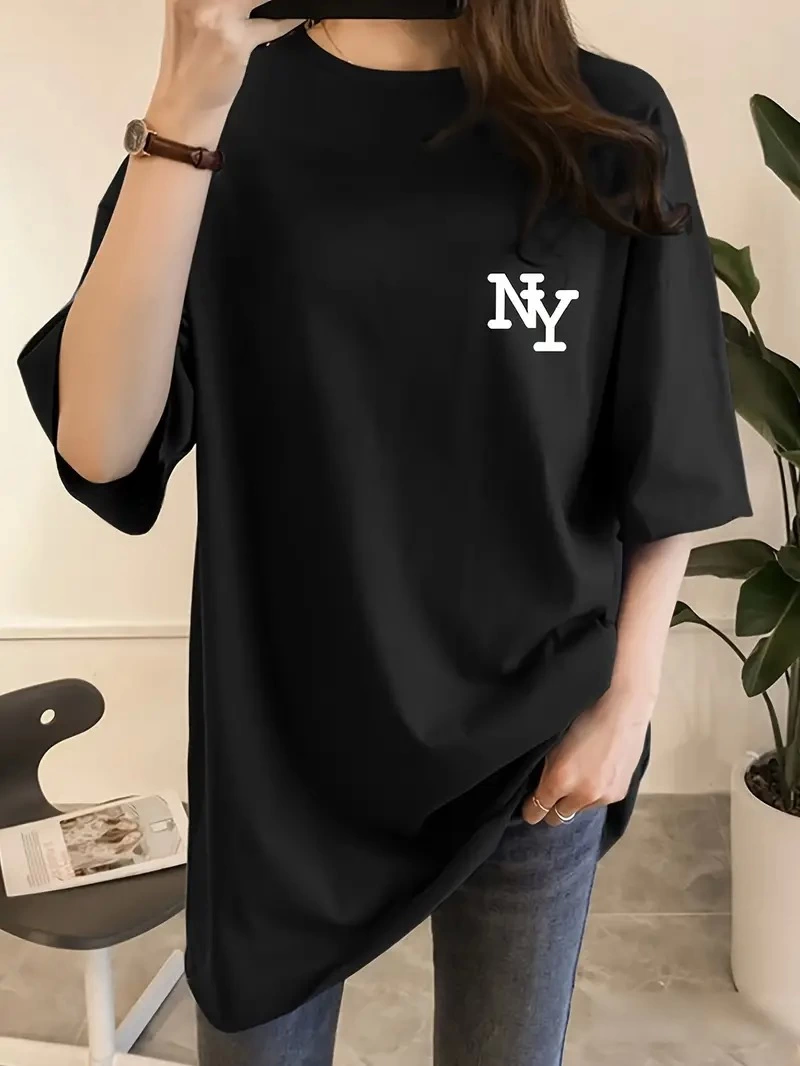 Women Fun Letter NY Printed Bicycle Collar T-shirt - Comfortable Polyester, Machine Washable - Perfect for Summer and Fitness, Round Collar - Black