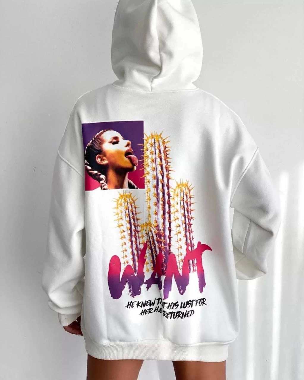 Printed Three Yarn Hooded Oversize Sweatshirt - White