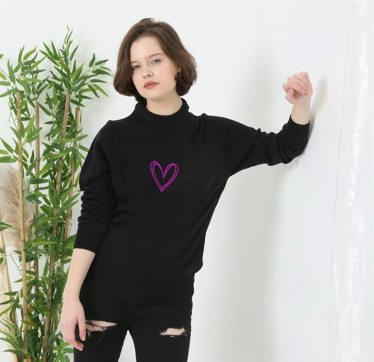 Printed Long Sleeve Bicycle Collar Woven Sweater - Black