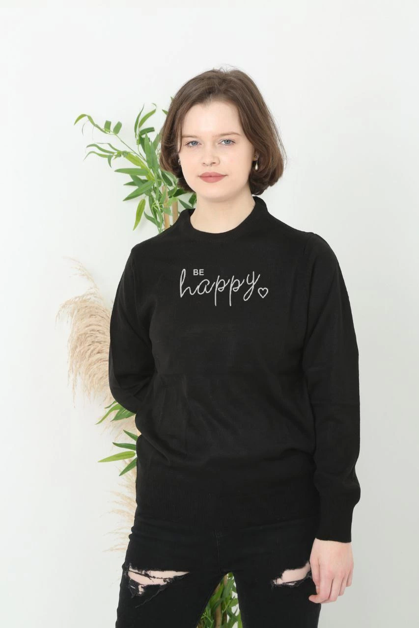 Printed Long Sleeve Half Throat Woven Sweater - Black