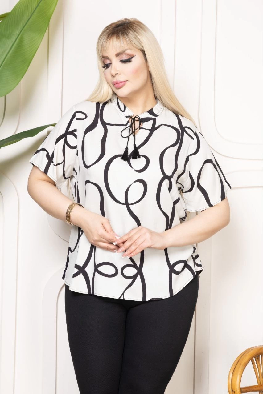 Kadın Desenli Püsküllü Viskon Bluz Bebe Yaka Kısa Kollu Big Size Rahat Kesim - Desenli