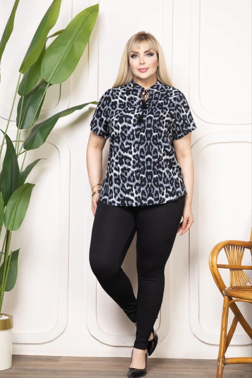 Kadın Desenli Püsküllü Viskon Bluz Bebe Yaka Kısa Kollu Big Size Rahat Kesim - Desenli