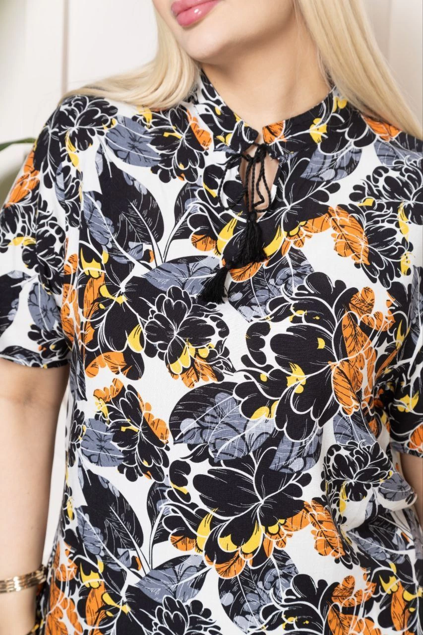 Kadın Desenli Püsküllü Viskon Bluz Bebe Yaka Kısa Kollu Big Size Rahat Kesim - Desenli