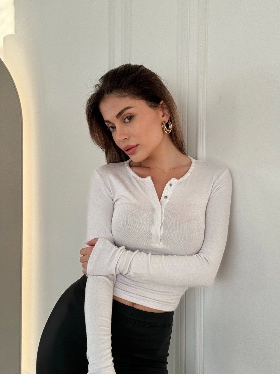 Long Sleeve Crop With Cıt Detail - White