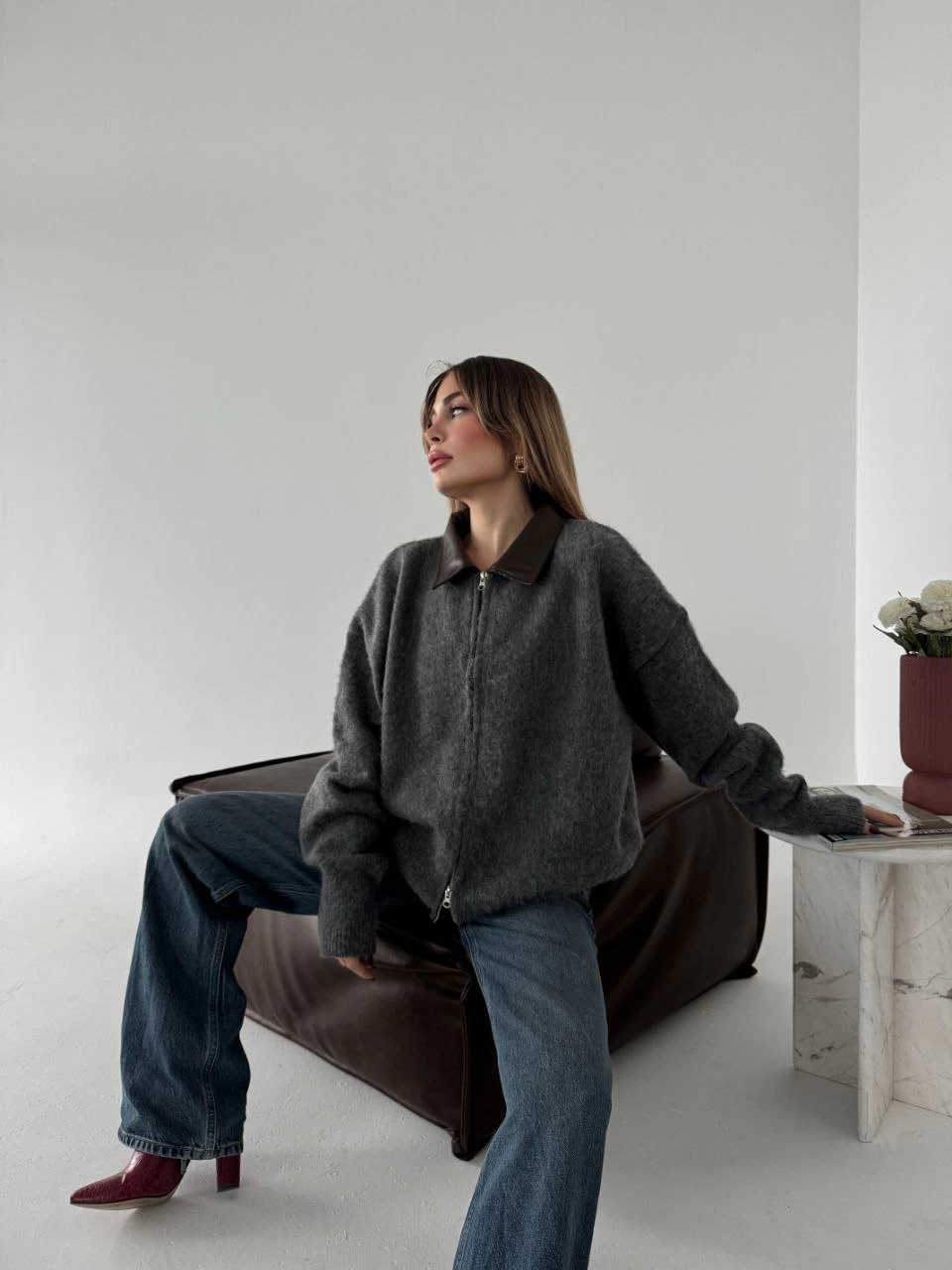 Double Sided Running Zipper Jacket With Leather Collar Cotton Texture - Füme
