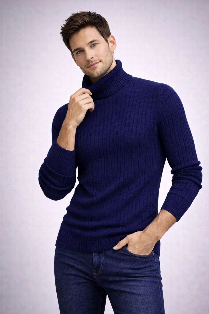 Erkek Balıkcı Yaka Bağazlı Triko Kazak Pamuklu Kalın Fitilli Dokuma, Regular Fit Uzun Kollu Kışlık Model - Lacivert