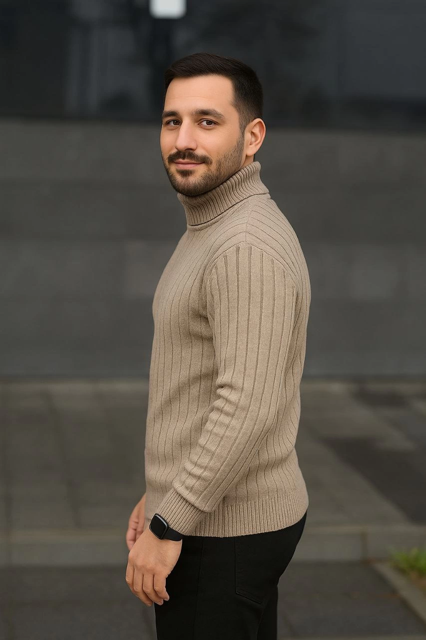 Erkek Balıkcı Yaka Bağazlı Triko Kazak Pamuklu Kalın Fitilli Dokuma, Regular Fit Uzun Kollu Kışlık Model - Bej