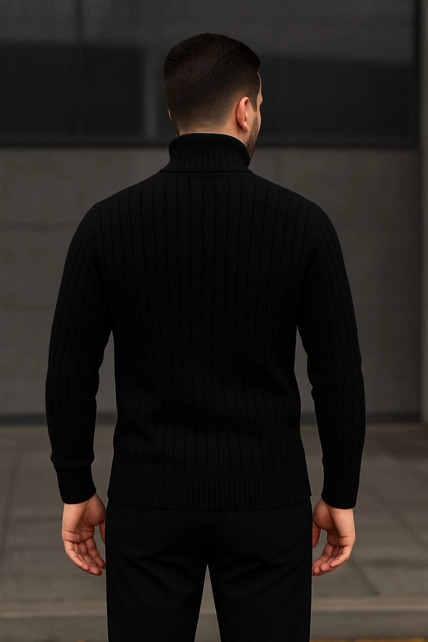 Erkek Balıkcı Yaka Bağazlı Triko Kazak Pamuklu Kalın Fitilli Dokuma, Regular Fit Uzun Kollu Kışlık Model - Siyah
