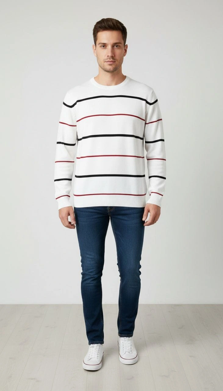 Erkek Bisiklet Yaka Cizgili Triko Kazak yumuşak dokulu Pamuklu ince Dokuma, uzun kollu Rahat Regular kalıp - Beyaz