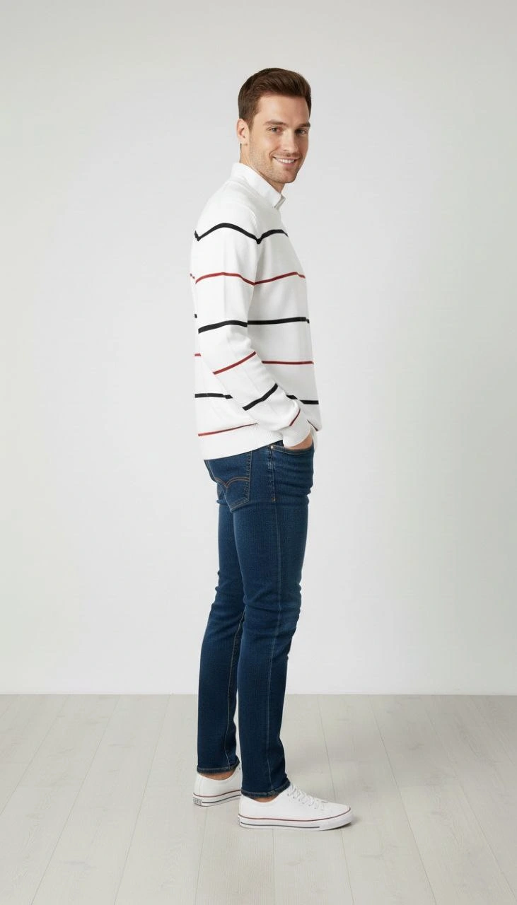 Erkek Bisiklet Yaka Cizgili Triko Kazak yumuşak dokulu Pamuklu ince Dokuma, uzun kollu Rahat Regular kalıp - Beyaz