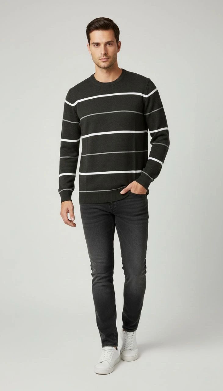 Erkek Bisiklet Yaka Cizgili Triko Kazak yumuşak dokulu Pamuklu ince Dokuma, uzun kollu Rahat Regular kalıp - Füme