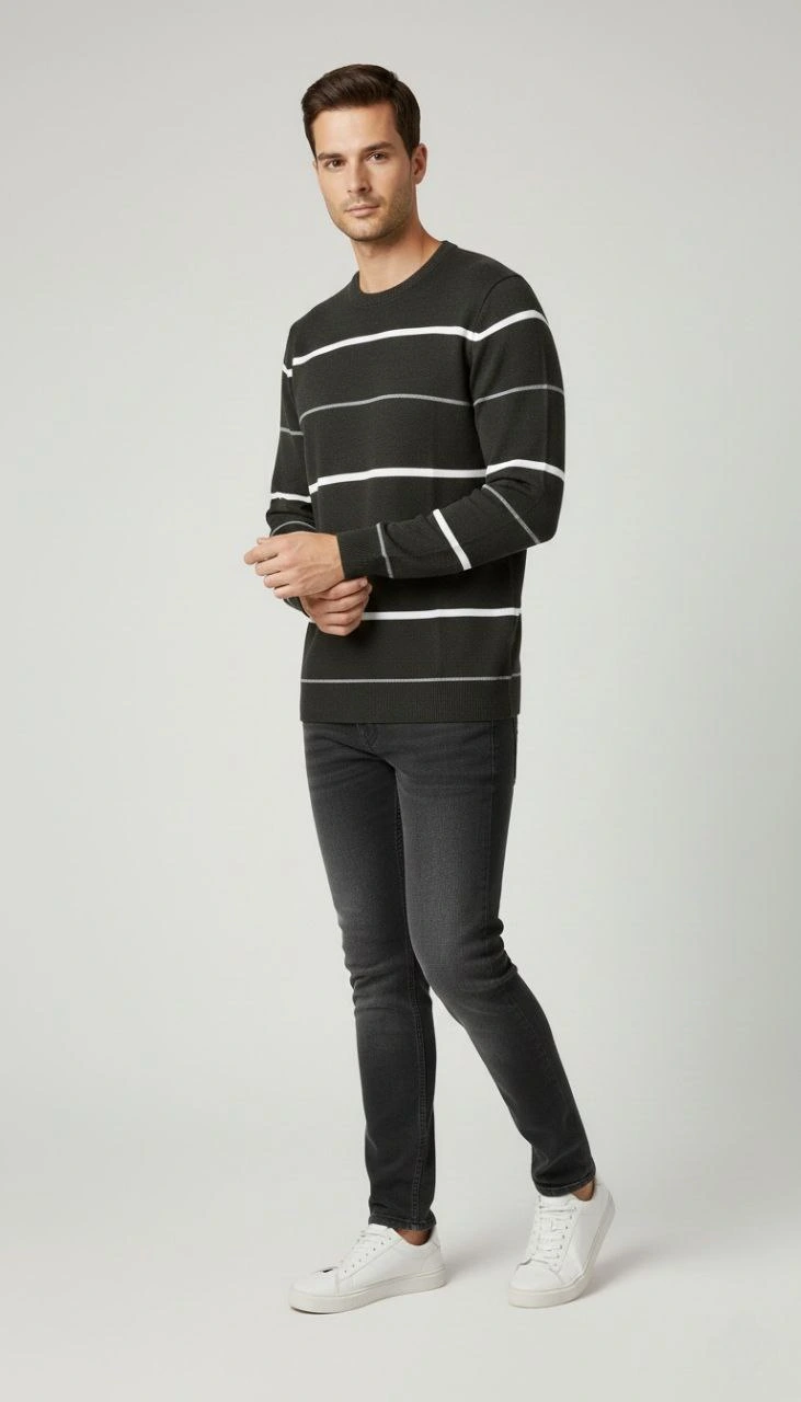 Erkek Bisiklet Yaka Cizgili Triko Kazak yumuşak dokulu Pamuklu ince Dokuma, uzun kollu Rahat Regular kalıp - Füme