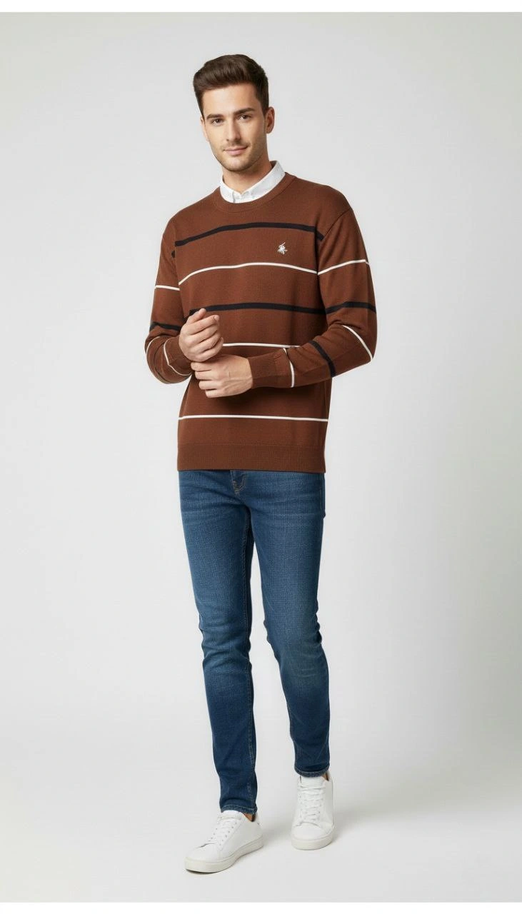 Erkek Bisiklet Yaka Cizgili Triko Kazak yumuşak dokulu Pamuklu ince Dokuma, uzun kollu Rahat Regular kalıp - Kahverengi