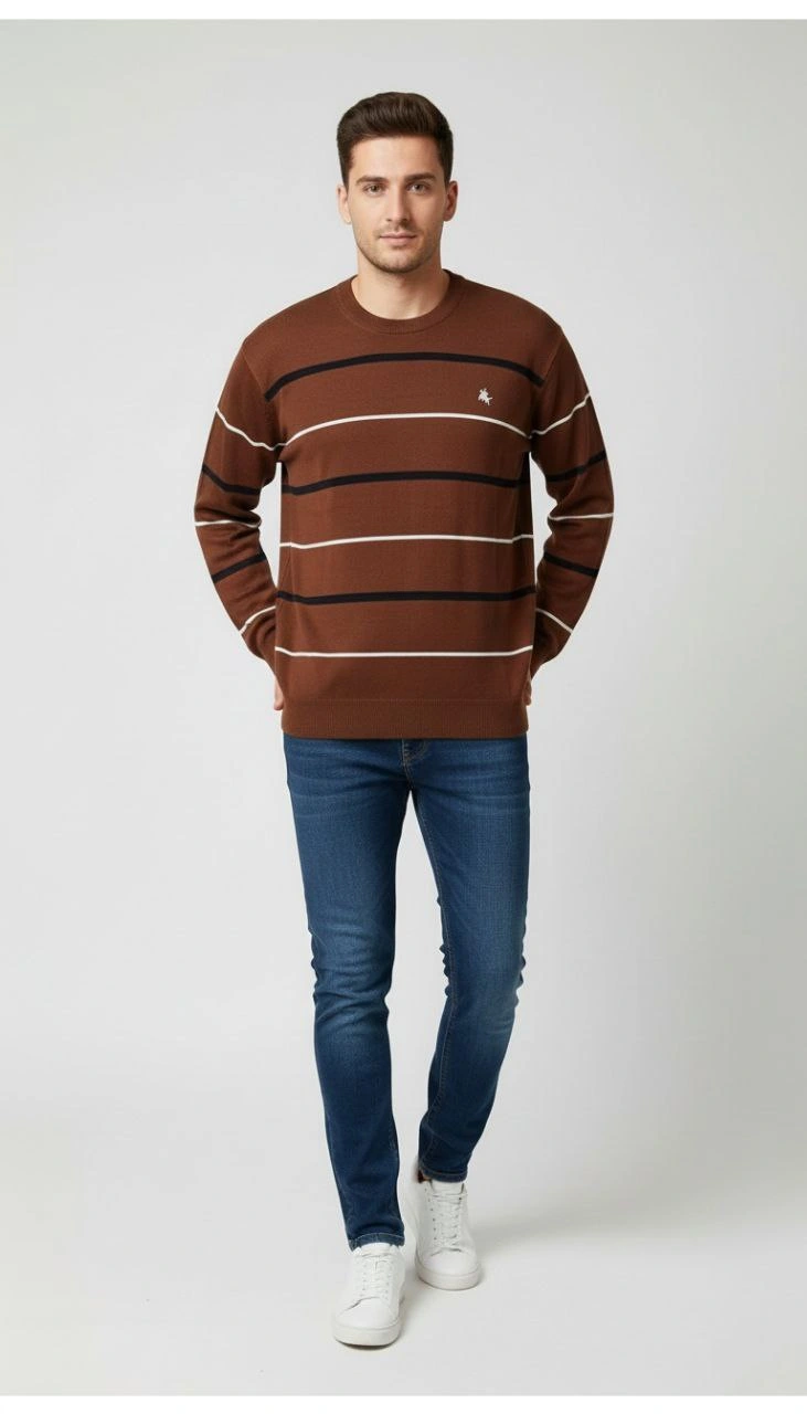 Erkek Bisiklet Yaka Cizgili Triko Kazak yumuşak dokulu Pamuklu ince Dokuma, uzun kollu Rahat Regular kalıp - Kahverengi