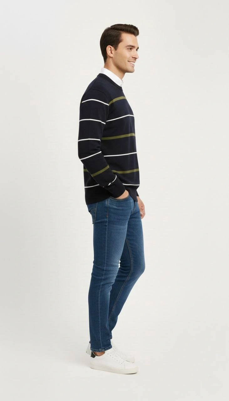 Erkek Bisiklet Yaka Cizgili Triko Kazak yumuşak dokulu Pamuklu ince Dokuma, uzun kollu Rahat Regular kalıp - Lacivert