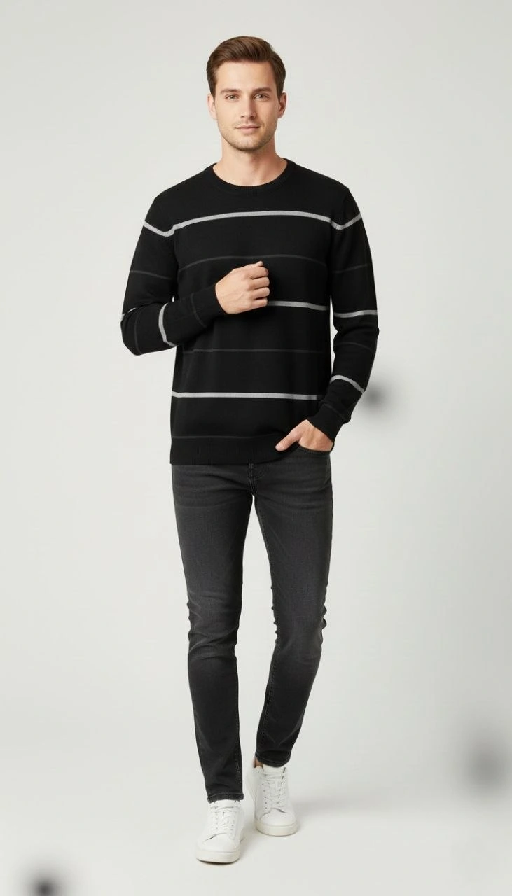 Erkek Bisiklet Yaka Cizgili Triko Kazak yumuşak dokulu Pamuklu ince Dokuma, uzun kollu Rahat Regular kalıp - Siyah