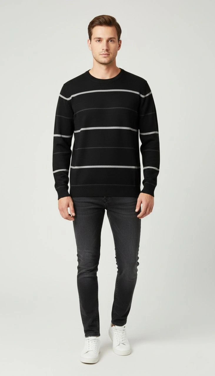 Erkek Bisiklet Yaka Cizgili Triko Kazak yumuşak dokulu Pamuklu ince Dokuma, uzun kollu Rahat Regular kalıp - Siyah