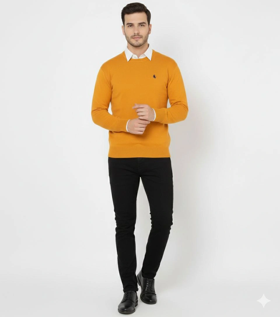 Erkek Bisiklet Yaka Nakış işlemeli Triko Kazak yumuşak dokulu Pamuklu ince Dokuma, uzun kollu Rahat Regular kalıp - Turuncu