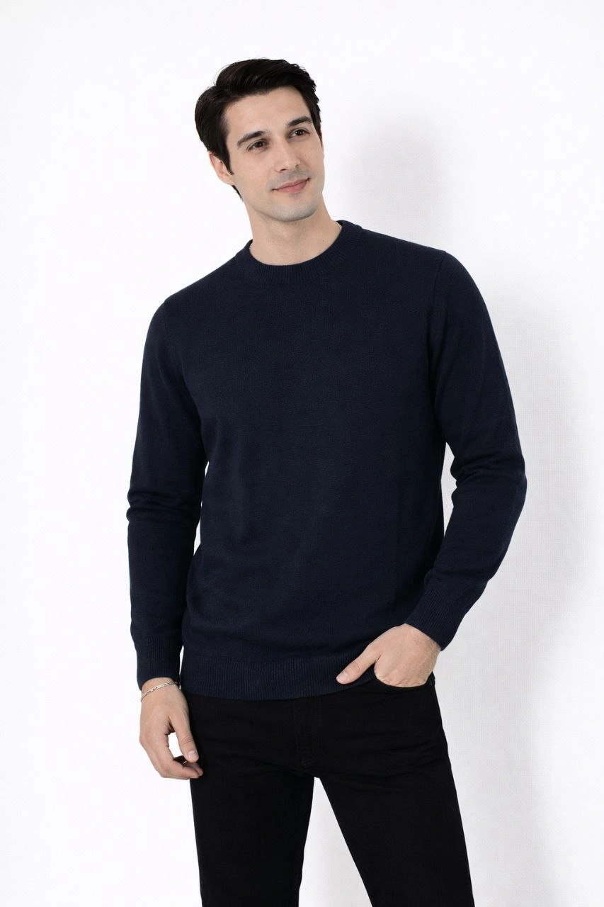 Erkek Bisiklet Yaka Triko Kazak yumuşak dokulu Pamuklu ince Dokuma, uzun kollu Rahat Regular kalıp - Lacivert